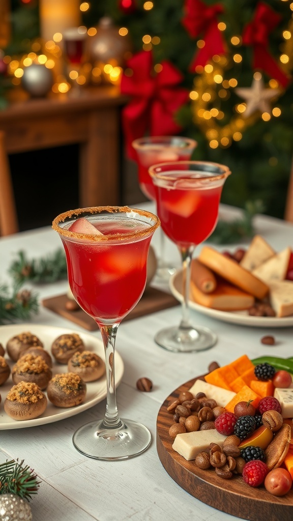 A holiday table with cocktails and appetizers, including margaritas, stuffed mushrooms, and a cheese platter.